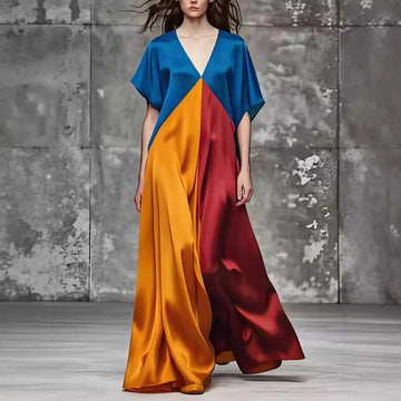 A flowing color block maxi dress with round neck loose fit and loose short sleeves in vibrant blue orange and red silk-like fabric