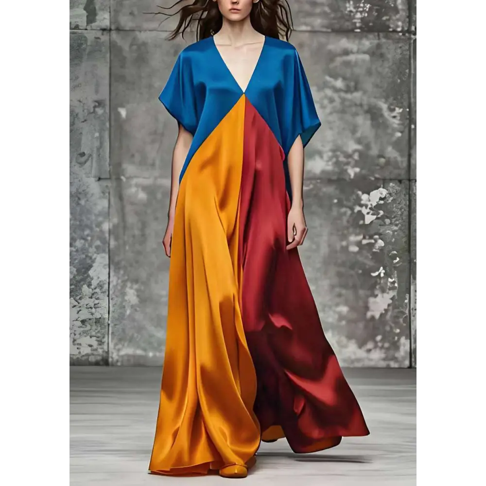 A flowing color block satin maxi dress with round neck loose fit and loose short sleeves in bold blue orange and red hues