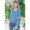 A soft blue and maroon striped color block v-neck cropped sweatshirt with long sleeves in a soft teal color