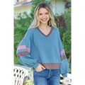 Color block v-neck cropped sweatshirt in soft teal color with pink and brown stripes and relaxed fit