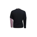 Black knit color blocked lace v neck sweater with delicate lace edge trim and contrasting mauve sleeves