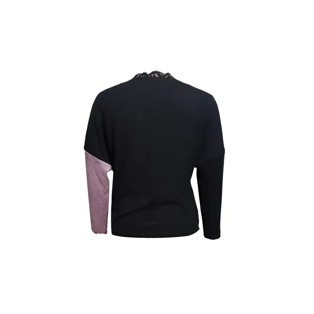 Black knit color blocked lace v neck sweater with delicate lace edge trim and contrasting mauve sleeves