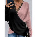 Color blocked lace edge v-neck knit sweater in black and pink with long sleeves and split two-tone design