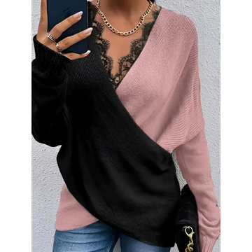 Color blocked lace edge v-neck knit sweater in black and pink with long sleeves and split two-tone design