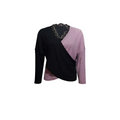 A black and lavender color blocked lace edge knit sweater with long sleeves and a lace trimmed v-neckline