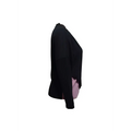 Black long-sleeved color blocked lace edge cardigan with subtle ruffled neckline and lavender textured lining visible