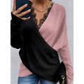 Color blocked lace edge v-neck knit sweater in black and pink with a lace trim neckline in soft knit fabric