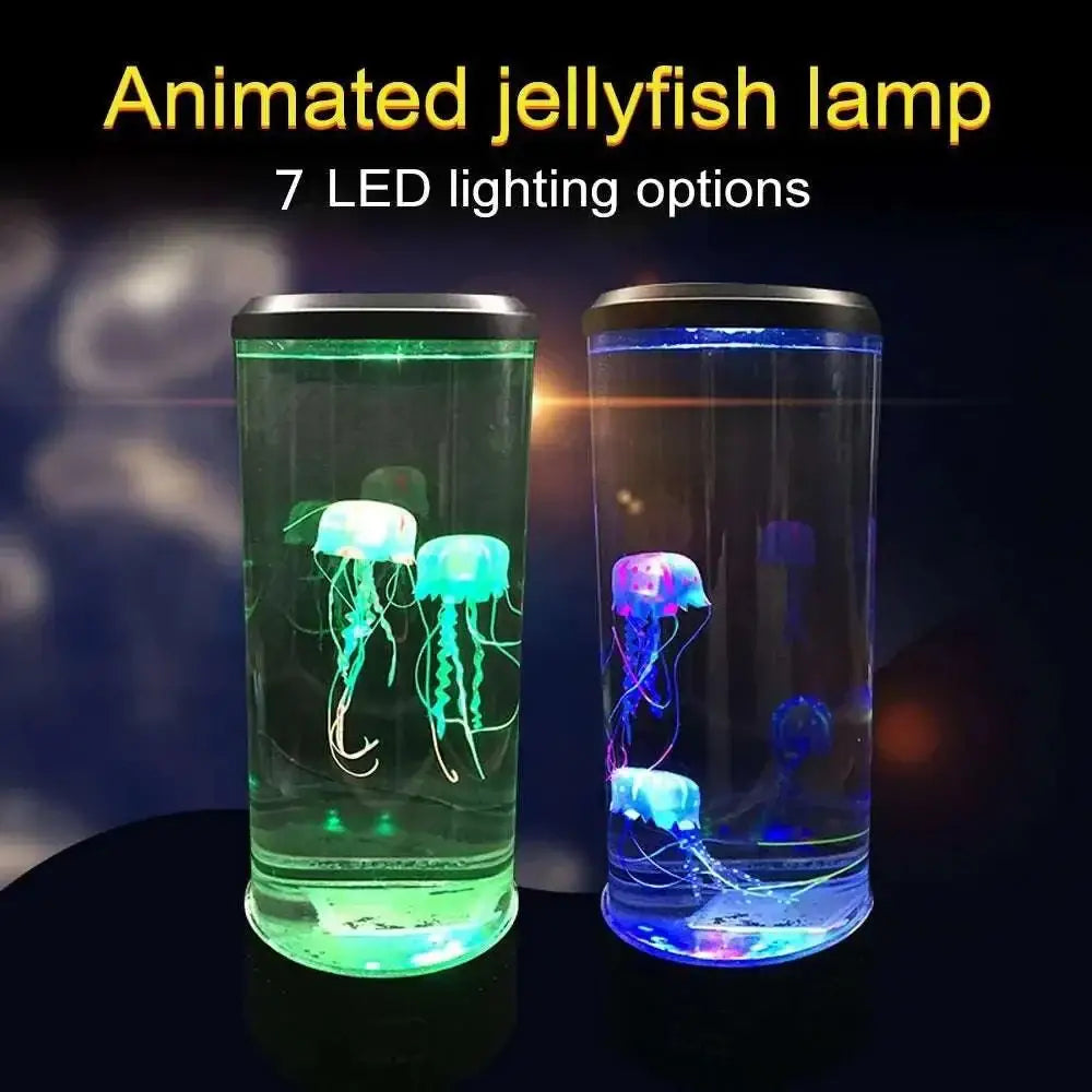 Transparent cylindrical jellyfish lamp with color changing led jellyfish glowing in green and blue hues for night light use