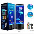 Blue cylindrical color changing led jellyfish lamp with glowing jellyfish and clownfish inside black base and top
