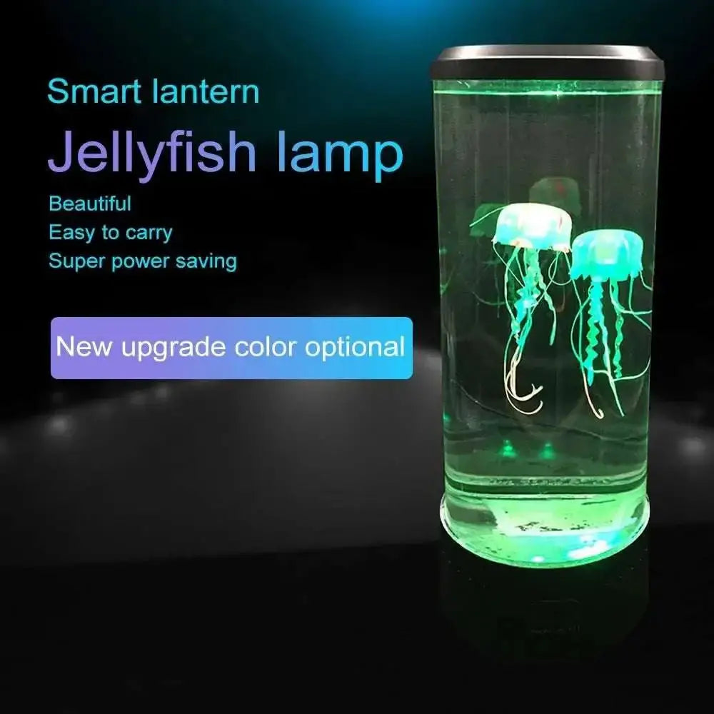 A sleek transparent led jellyfish lamp with glowing green internal lighting and two translucent jellyfish figures