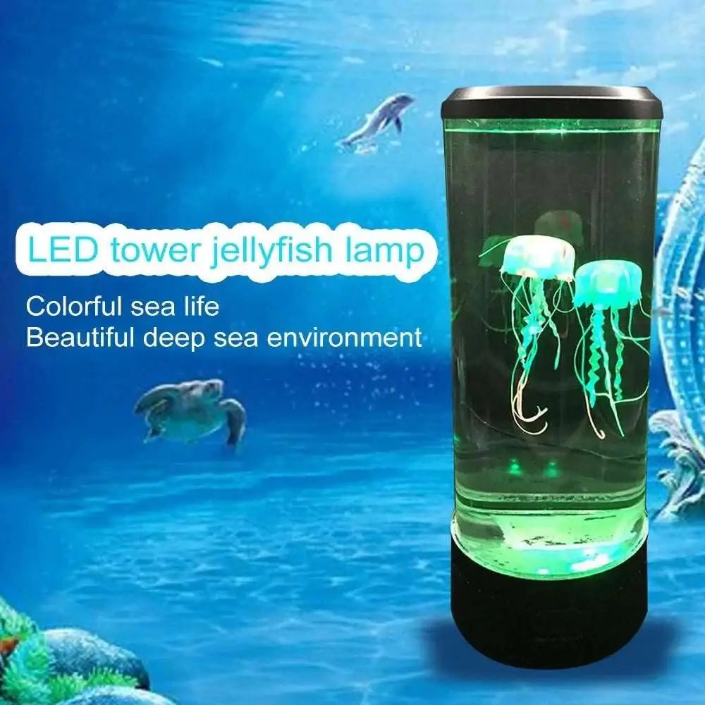 Color changing led jellyfish aquarium night light with a cylindrical led jellyfish lamp featuring glowing green translucent jellyfish