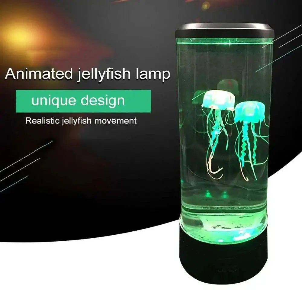 Green-lit changing led jellyfish lamp with realistic movement in clear cylindrical glass container for night light use