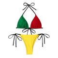 A color contrast patchwork bikini tether split swimsuit with a green and red triangle top and bright yellow thong bottom
