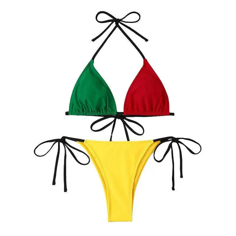 A color contrast patchwork bikini tether split swimsuit with a green and red triangle top and bright yellow thong bottom