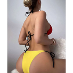 A vibrant red and yellow color contrast patchwork bikini tether split with black tie-side strings for beachwear