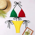 Rasta-colored color contrast patchwork bikini tether split swimsuit with black tie-side straps and matching ties