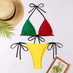 Rasta-colored color contrast patchwork bikini tether split swimsuit with black tie-side straps and matching ties