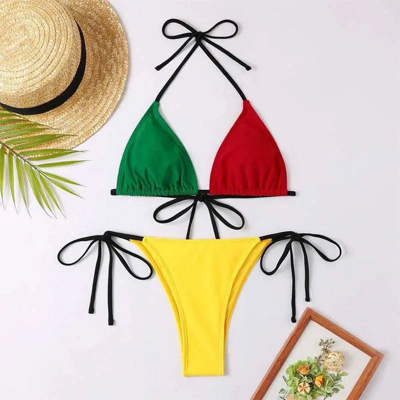 Rasta-colored color contrast patchwork bikini tether split swimsuit with black tie-side straps and matching ties