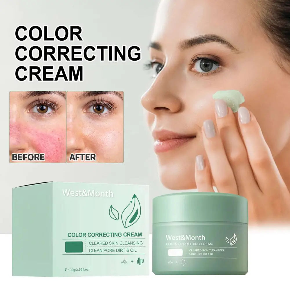 A mint green jar of west&month color correcting care cream with aloe vera extract for cleared skin cleansing and spot recovery