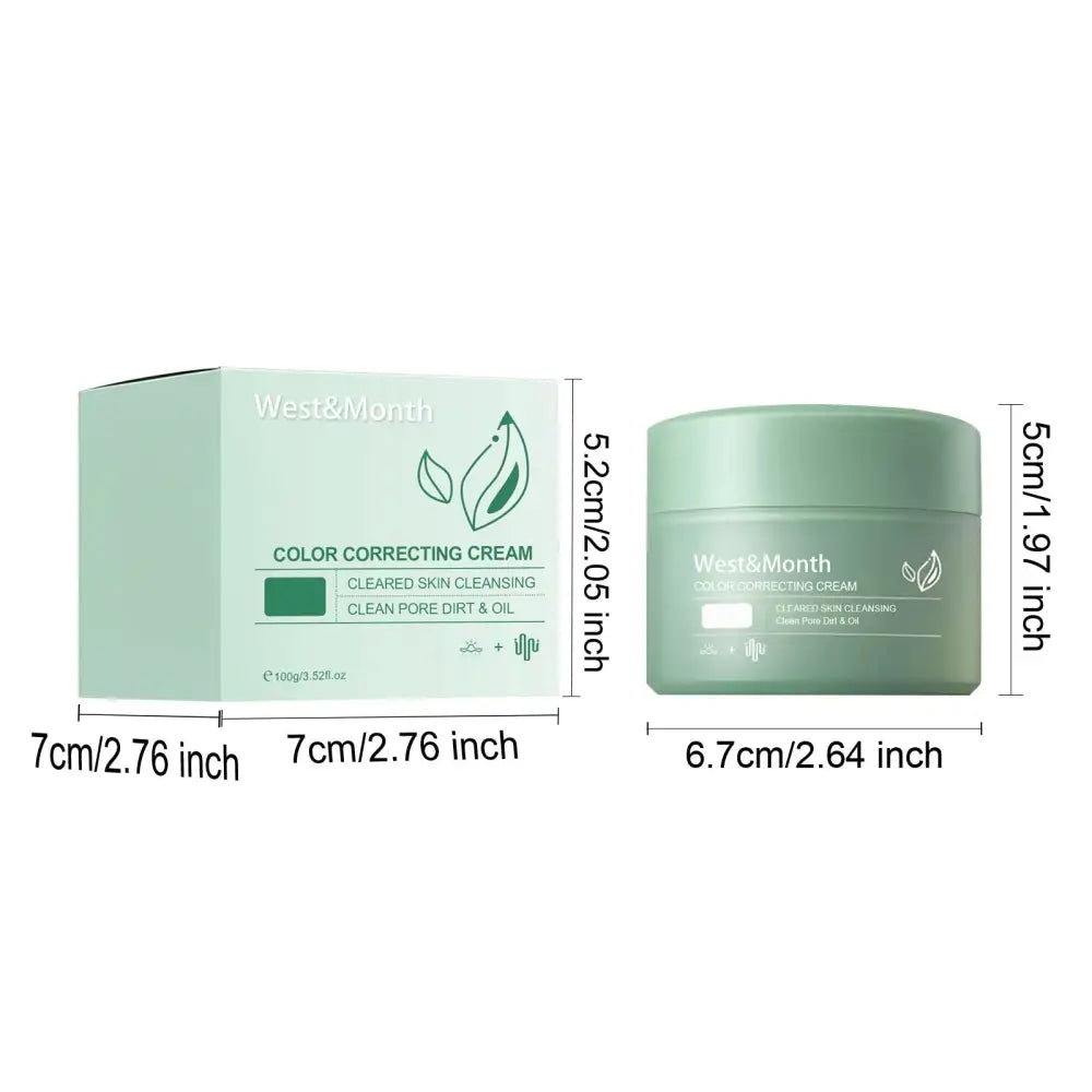 West&month color correcting care cream in matte sage green jar with aloe vera extract for cleared skin cleansing and pore removal