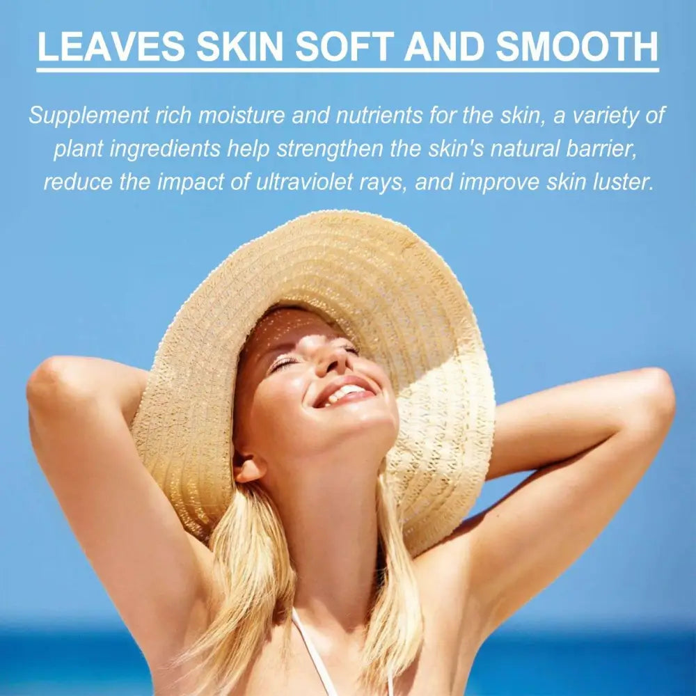 Woman wearing a wide-brimmed straw hat against blue sky with color correcting care cream with aloe vera extract visible
