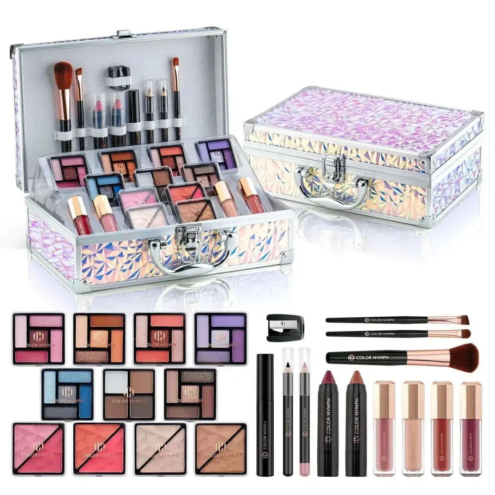 Color nymph train iridescent geometric-patterned cosmetic case with silver hardware for sensitive skin makeup kits