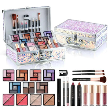 Color nymph train iridescent geometric-patterned cosmetic case with silver hardware for sensitive skin makeup kits