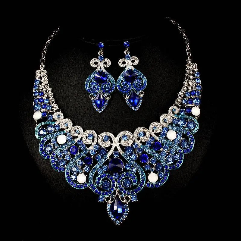 Elegant royal blue and silver crystal colorful exaggerated bride necklace and earrings set with alloy color plating