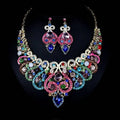 Colorful exaggerated bride necklace and earring set with vibrant multi-colored crystals and alloy color plating swirl designs