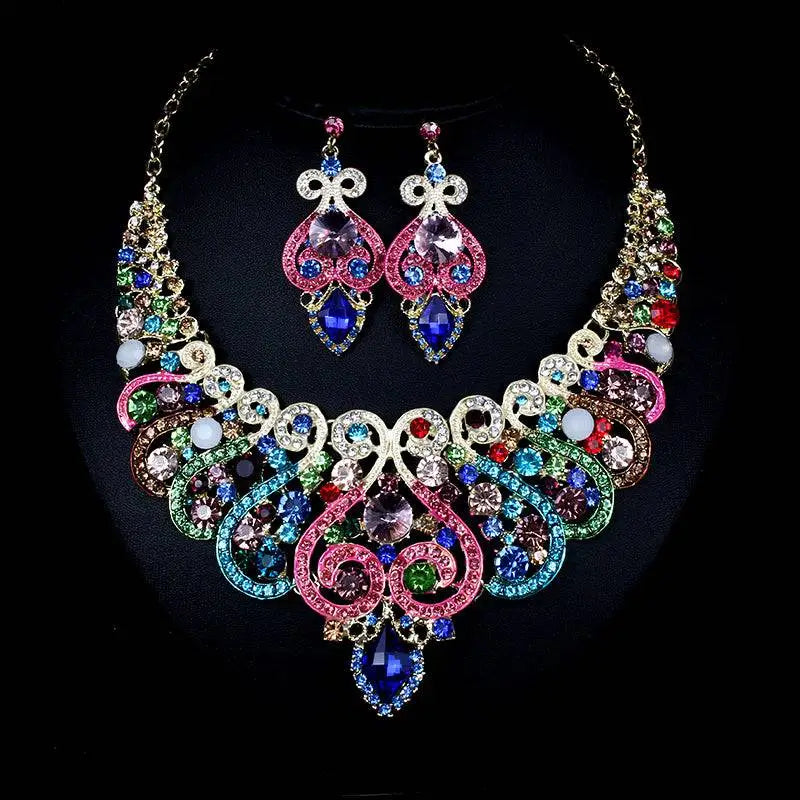 Colorful exaggerated bride necklace and earring set with vibrant multi-colored crystals and alloy color plating swirl designs