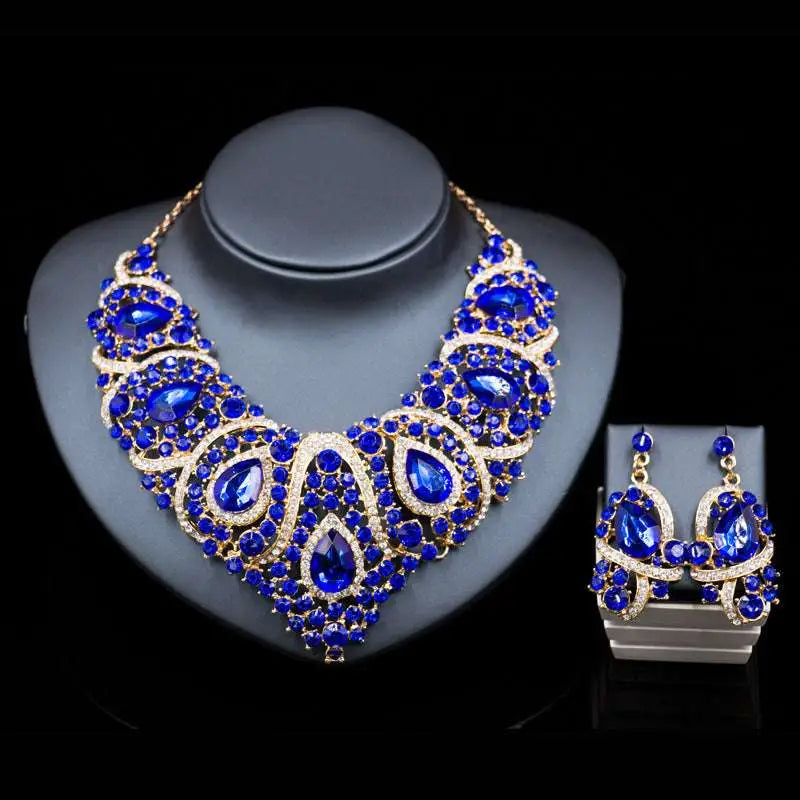 Colorful exaggerated bride necklace set featuring blue and gold teardrop crystals with alloy color plating