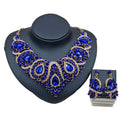 Colorful exaggerated bride necklace and earring set with royal blue teardrop crystals and intricate alloy color plating