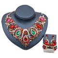 Colorful exaggerated bride necklace and earrings set with vibrant multicolored gemstones and gold-tone alloy color plating
