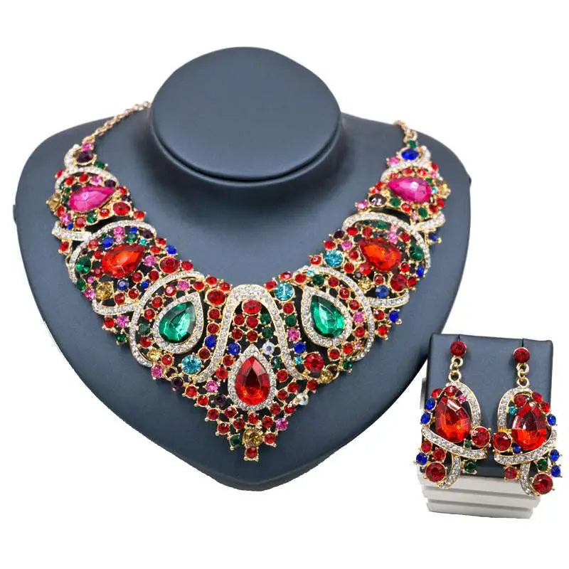 Colorful exaggerated bride necklace and earrings set with vibrant multicolored gemstones and gold-tone alloy color plating