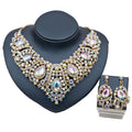 Gold-toned colorful exaggerated bride necklace and earring set with iridescent crystals and alloy color plating design