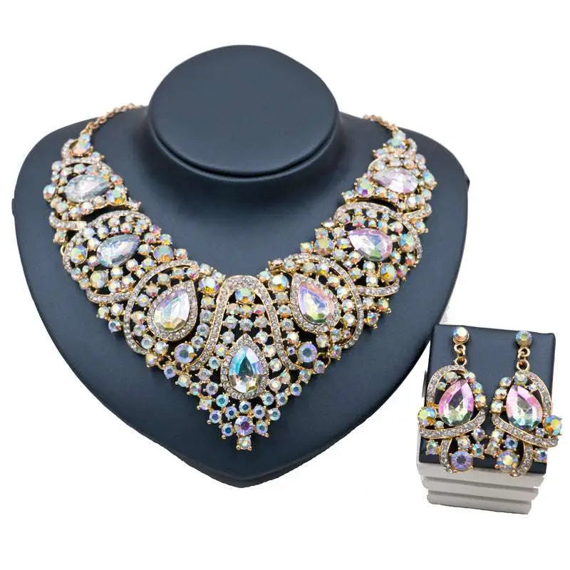 Gold-toned colorful exaggerated bride necklace and earring set with iridescent crystals and alloy color plating design