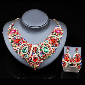 A vibrant gold alloy color plating colorful exaggerated bride necklace and matching earrings set with multicolor rhinestones