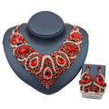 Elegant colorful exaggerated bride necklace and earring set with red and gold teardrop gemstones and alloy color plating