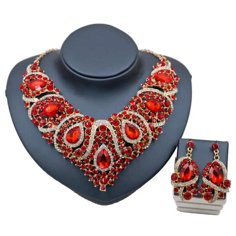 Elegant colorful exaggerated bride necklace and earring set with red and gold teardrop gemstones and alloy color plating