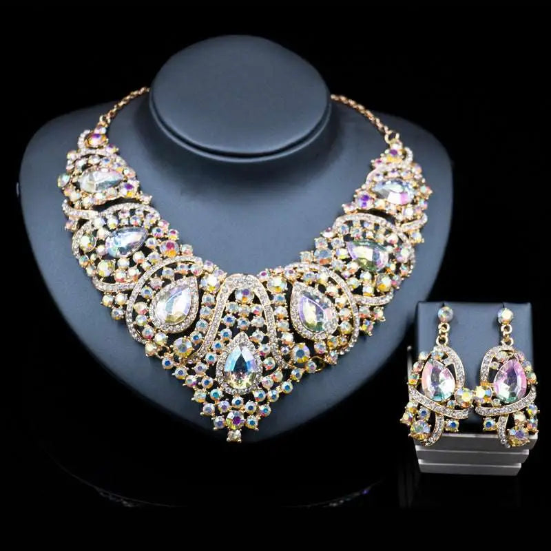 Gold-toned alloy color plating colorful exaggerated bride necklace with iridescent teardrop and round crystals in ornate design
