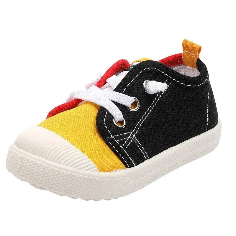 Colorful kindergarten indoor shoes with rubber soles designed in red blue yellow green and black canvas with white laces