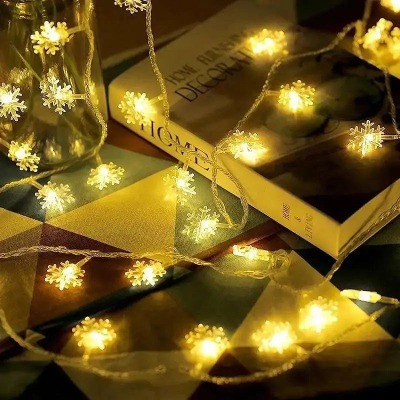 Colorful led snowflake lights featuring warm white snowflake-shaped bulbs for festive indoor decoration