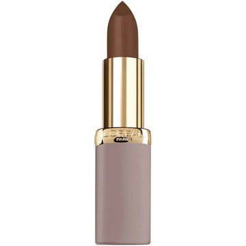 A sleek matte brown lipstick riche ultra matte with a gold-toned cap and soft mauve tube nude lipstick sienna supreme
