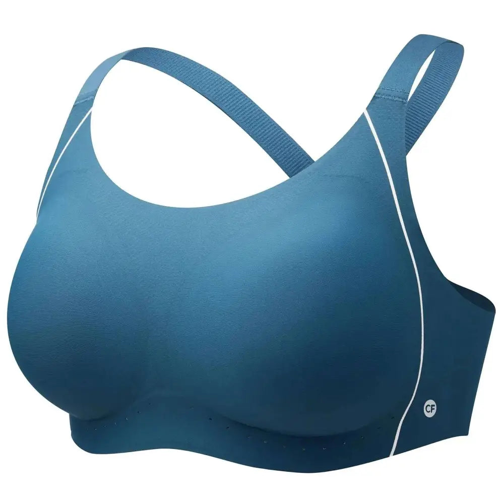Comfelie sports bras blue padded yoga workout bra with adjustable straps white stitching and sleek design