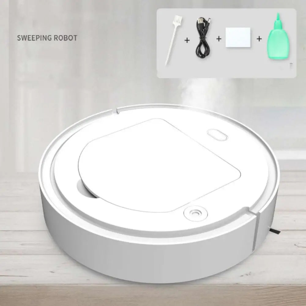 White circular commercial wireless sweeping robot with sleek minimalist design and smooth plastic finish for intelligent cleaning