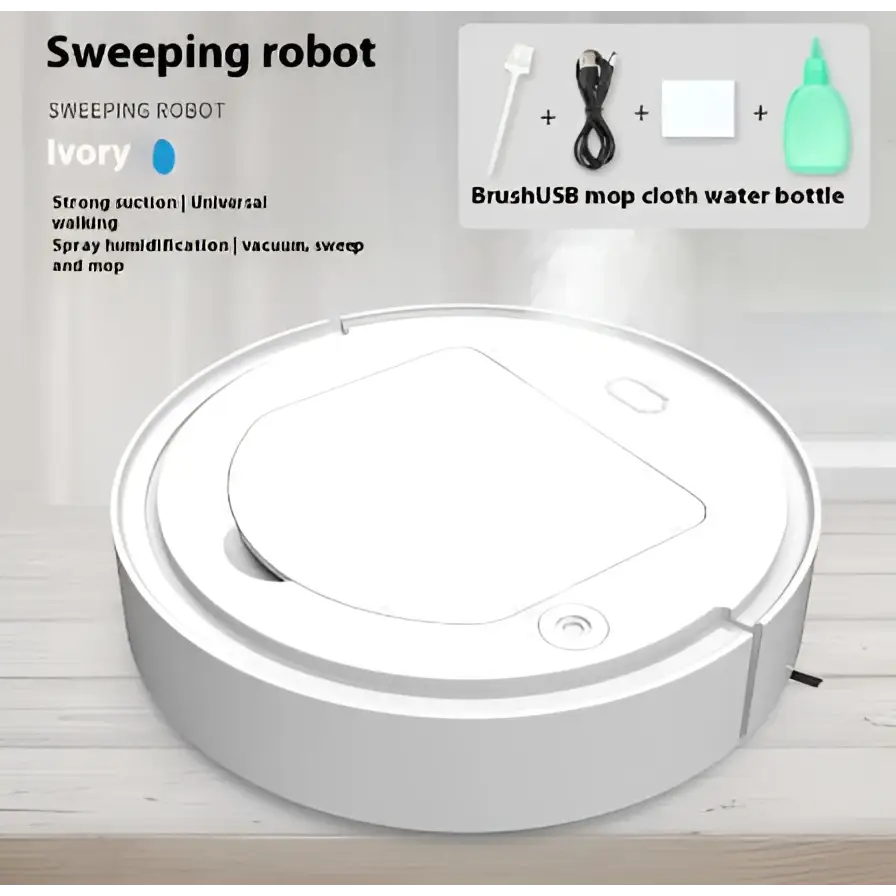 Ivory-colored commercial wireless sweeping robot with sleek circular design and integrated intelligent sweeping components
