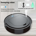 Black circular commercial wireless sweeping robot with sleek design and blue indicator light for intelligent cleaning