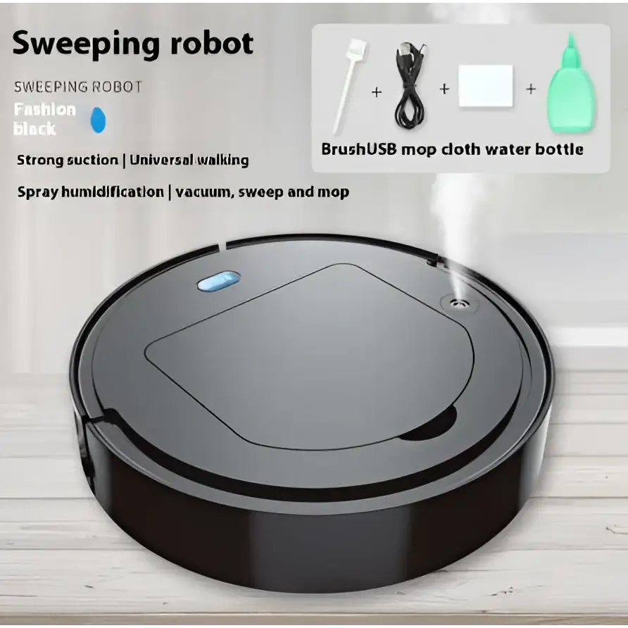 Black circular commercial wireless sweeping robot with sleek design and blue indicator light for intelligent cleaning