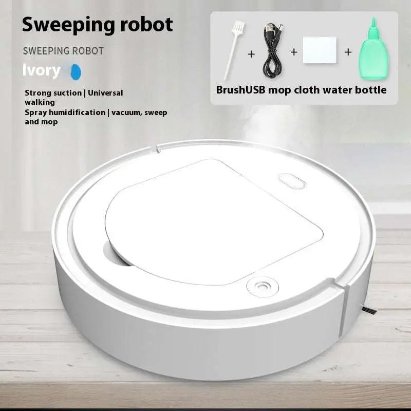 Ivory-colored circular sweeping robot with integrated spray humidification system for commercial wireless sweeping