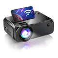 Compact black high definition screen projector home with textured carbon-fiber pattern and glowing lens
